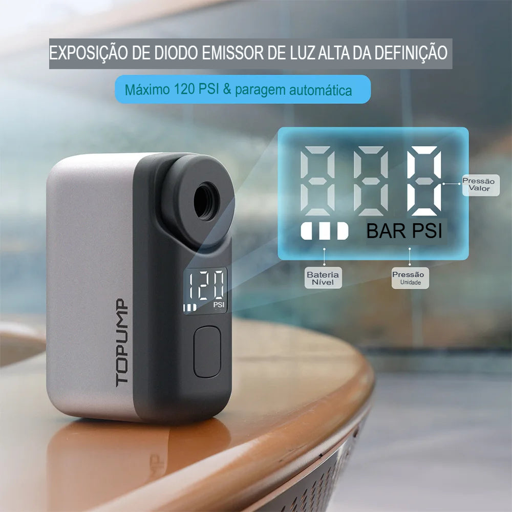 Bomba Elétrica Portátil para Bicicleta com Medidor de Pressão Digital